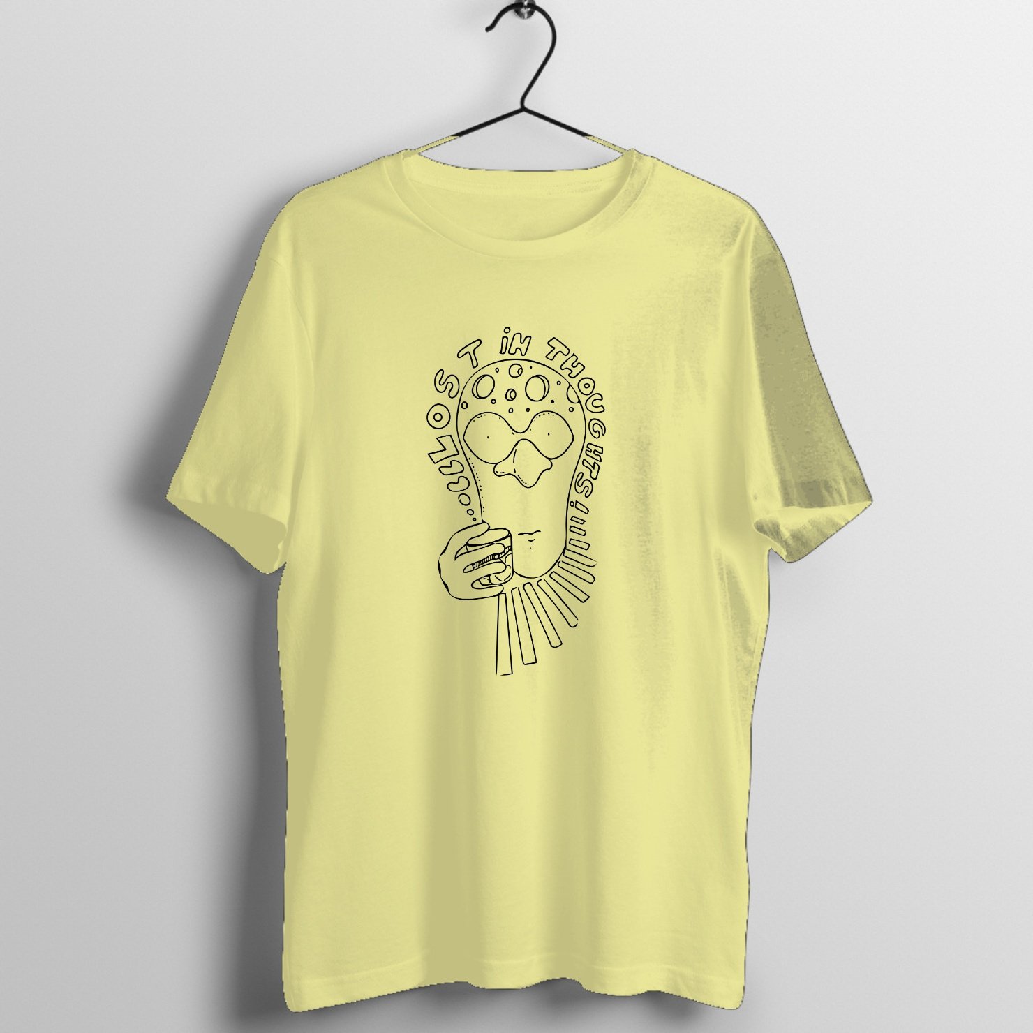 Skull hand tattoo design with 'Lost In Thoughts' text printed on premium rock music graphic t-shirt - Front Mockup