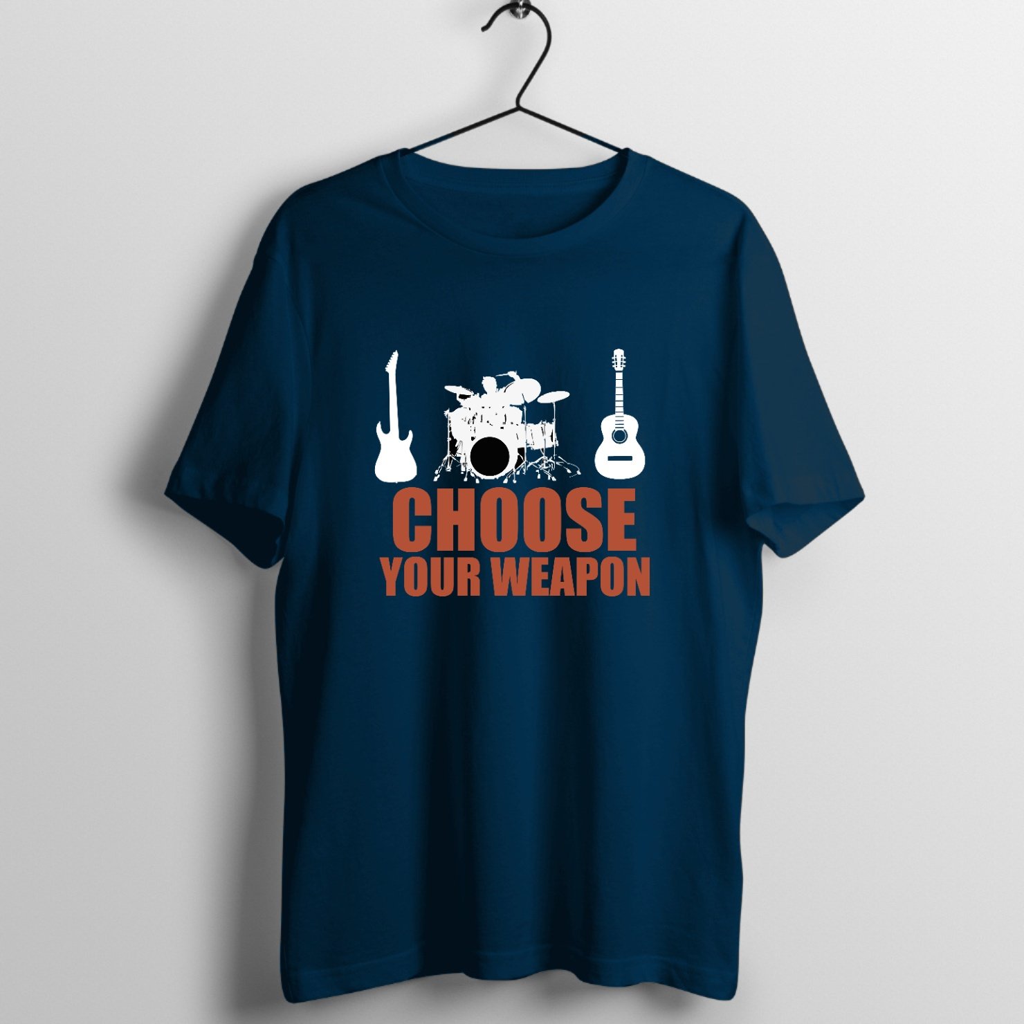 Choose Your Weapon typography with distressed drum kit illustration on premium rock music graphic t-shirt - Front Mockup